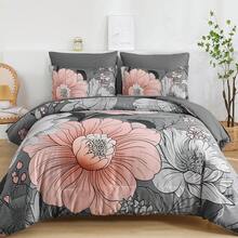 7 Pieces Gray Floral Comforter Set Queen Size King Size Bedding Set, Floral Comforter Flower Bedding Sets Lightweight Boho Bed Set With Sheet,Pillowcases&Shams For Wedding Items,Home Bed Room Decor,Easter Gifts,Mothers Day Gift,All Season - Gray-1164 - 查看 9