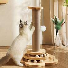 Sisal Cat Scratching Post - Durable, Cat Climbing Frame With Trackball & Hanging Ball Toys, Multi-Functional Interactive Cat Toy, Suitable For Indoor/Outdoor Use For Small/Medium Cats, Artificial Feather, 2 Models Available - Small Size 40cm - View 2
