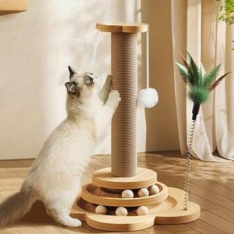剑麻猫抓柱 - 耐用，带轨迹球和悬挂球玩具的猫咪攀爬架，多功能互动猫玩具，适合室内/室外小型/中型猫咪使用，人造羽毛，两种型号可选