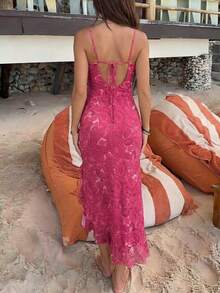 女士优雅玫瑰蕾丝吊带连衣裙，修身剪裁，侧开衩，适合海滩度假和春夏外出穿着。 - 玫紅色 - 查看 8