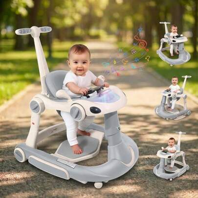 4 In 1 Baby Jump & Rocking & Trolley Walker With Car Steering Wheel & Music, Foldable Push Infant Walkers W/ 3 Height Adjustable & Anti-Slip Foot Pads For Boys Girls 6-18 Month Toddler, Grey