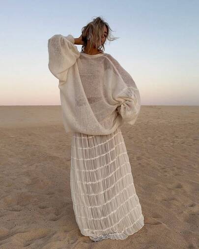 Maglione traforato a collo rotondo in stile retrò francese, modello morbido e rilassato per donna, adatto per primavera e autunno, marchio VIBEWAVE