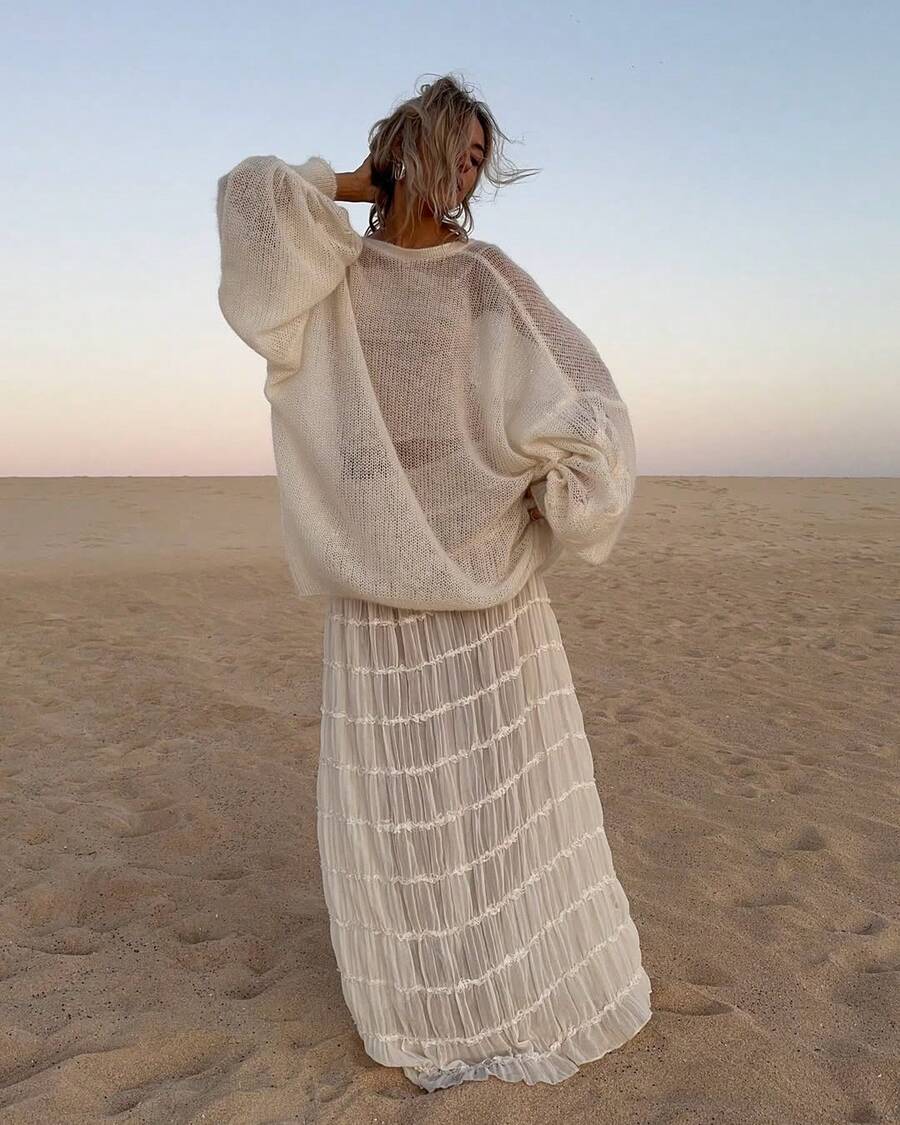 Áo len dệt kim cổ tròn khoét lỗ kiểu Pháp cổ điển VIBEWAVE, kiểu dáng rộng rãi thoải mái dành cho nữ, thích hợp cho mùa xuân và mùa thu. - trắng - Xem 1