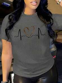 YOKASACamiseta informal de verano para mujer, de cuello redondo, ajustada y manga corta, con estampado de pintura al óleo, floral, de corazones, de cerezas y de letras. Tejido informal sencillo, estilo deportivo, ideal para el día a día y para una cita de San Valentín..1 pcs,180g Pure Heavy,95%Polyester 5%Spandex - Gris-YH25 - Ver 1