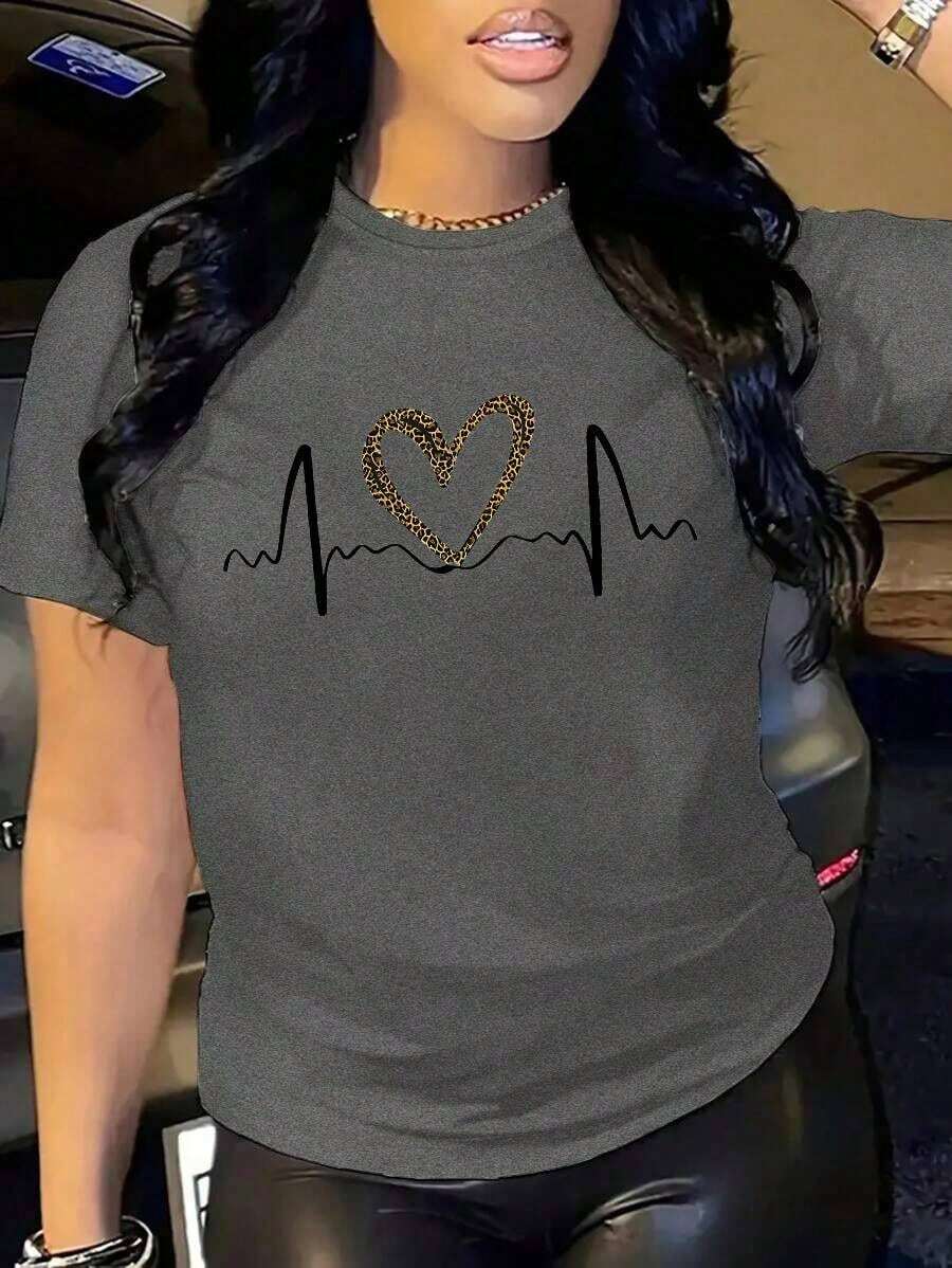 YOKASACamiseta informal de verano para mujer, de cuello redondo, ajustada y manga corta, con estampado de pintura al óleo, floral, de corazones, de cerezas y de letras. Tejido informal sencillo, estilo deportivo, ideal para el día a día y para una cita de San Valentín..1 pcs,180g Pure Heavy,95%Polyester 5%Spandex - Gris-YH25 - Ver 1
