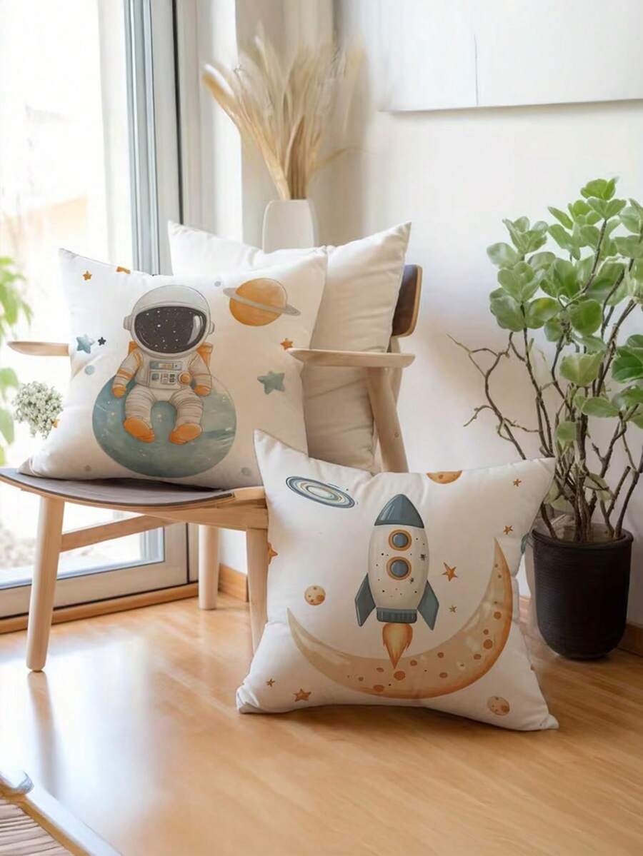 1/2/4pcs Space Adventure Throw Pillow Covers, 17.7" X 17.7", Cartoon Astronaut & Rocket Design, Zippered Polyester Cushion Cases For Contemporary Home Decor - Machine Washable, Insert Not Included, Decorative Pillow - Multicolor - View 1