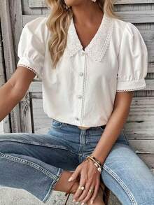 Solid Color Front Button Lace Patchwork Embroidery Contrast Color Short Puff Sleeve Blouse White Summer - White - View 8
