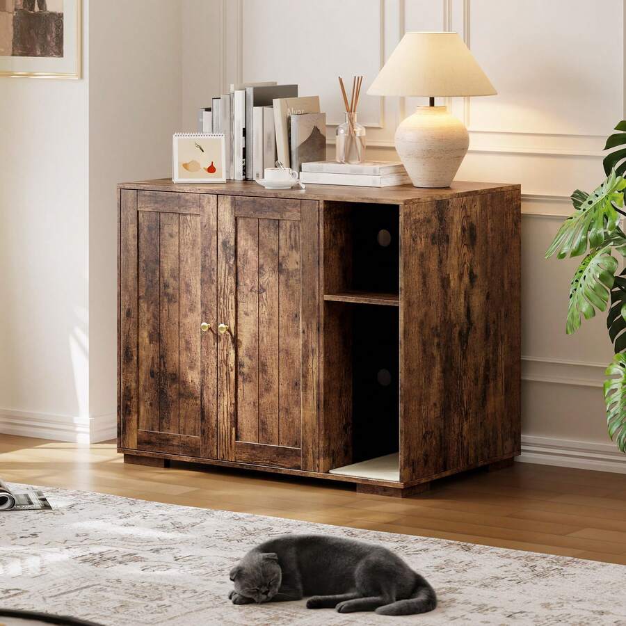 Gabinete de Arena de Gato Grande con Recolector Integrado, Enclosure para Caja de Arena Autolimpiante, Estante Ajustable Antiperro + Estación de Carga, Casa de Gato Oculta para Interior - Marrón - Ver 1