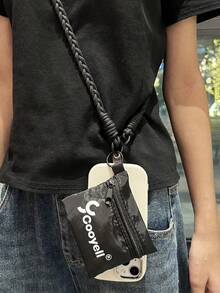 1 Set Black Woven Nylon Phone Lanyard Strap + Square Pouch Wallet Coin Purse Earphone Card Holder, Unisex - Black Braided Long Rope + Square Bag - View 2