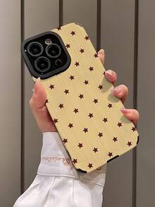 1pc Fashionable & Unique Yellow Base Red-Brown Star Minimalist Pattern Vertical Striped Faux Leather Protective Phone Case, Suitable As Birthday, Holiday Gift For Friends, Family, Couples, Compatible With IPhone 17/17 Air/17 Pro/17 Pro Max, 16/16 Plus/16 Pro/16 Pro Max, 15/15 Plus/15 Pro - Multicolor - View 3