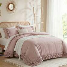 Pink Cotton Ruffled Comforter Set Queen, Vintage Shabby Chic Farmhouse Bedding Set Coquette Aesthetic French Country Comforter - Red Bean Paste Powder - View 2