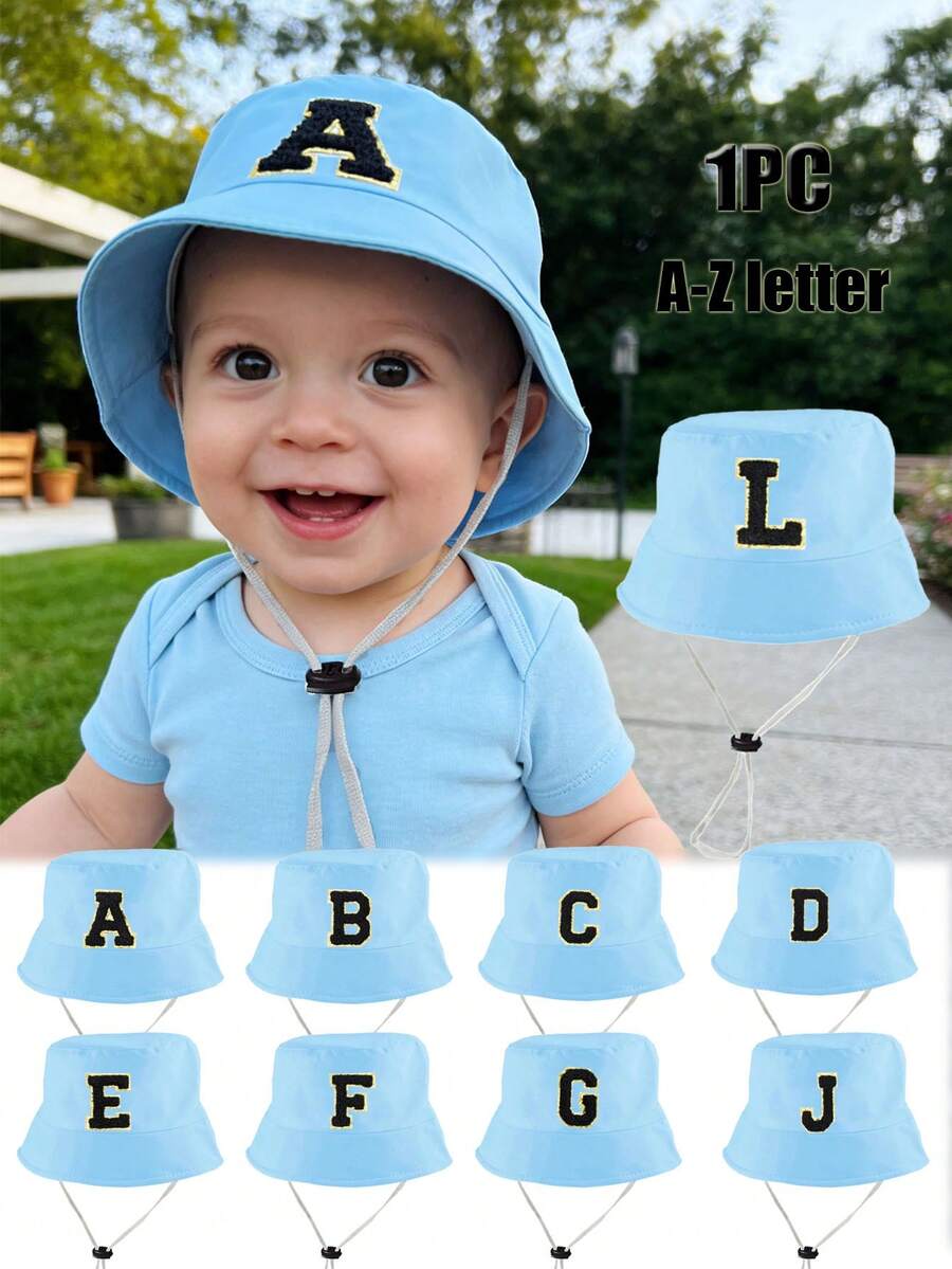 1pc Adjustable Breathable Kids Hat, Customizable With 26 Letters, Sun Protection Beach Hat, Bucket Hat, Suitable For Toddlers, Children, Girls, Ideal For Holidays, Outdoor Activities, Daily Wear, Birthday Gift - Sky Blue - View 1