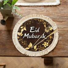 1/4/6 szt. Zestaw dekoracji festiwalowych z motywem Bliskiego Wschodu w kolorze złotym, z kwiatowymi i liściowymi motywami, metaliczna podkładka/podkładka z lnianego materiału z nadrukiem i frędzlami - Wielokolorowe - Zobacz 3