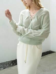 Mint Green V-Neck Hollow-Out Mohair Knit Sweater, Soft Textured Loose Fit Top - Mint Green - View 5