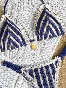 Bikinx 2025 Back To School Women's Bohemian Lace Striped Textured Fabric Swimsuit, Vacation Triangle Cup Bikini With Ruffle Bottoms - Multicolor - View 3