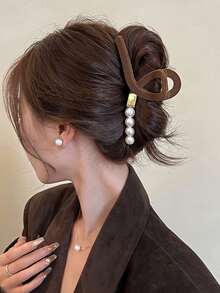 1件装女士黑色植绒一体式大号仿珍珠水晶亚克力鲨鱼爪发夹，时尚休闲简约优雅新款，适合日常外出、聚会、约会等场合。