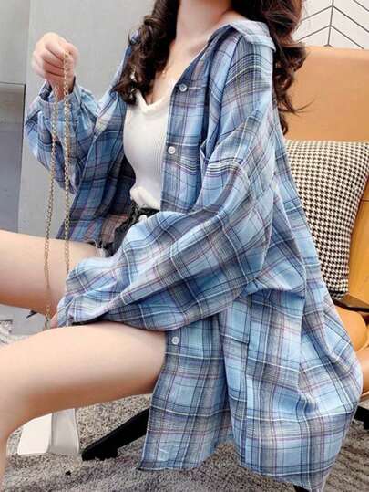 Korean Style Casual Plaid Shirt For Women, Loose Fit Lightweight Jacket Tops, Spring/Summer