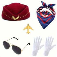 5pcs Stewardess Costume Accessories Set, Suitable For Pairing With Stewardess Uniform, Can Be Used For Christmas And Other Occasions, Including Stewardess Hat, Gloves, Scarf And Brooch. Also Suitable For Halloween Parties, Balls, Music Festivals And New Year Costumes. - Multicolor - View 11