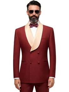 Men's Suit Shawl Lapel Double-Breasted Blazer & Pant Set - Formal 2-Piece Tuxedo With Wafer Knit Texture For Weddings & Black Tie Events - 酒紅色 - 查看 10
