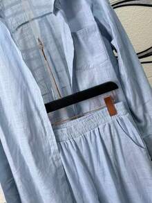 Linen Shirt And Pants Set (2 Pieces), Lined With Elastic. - Celeste - Ver 2