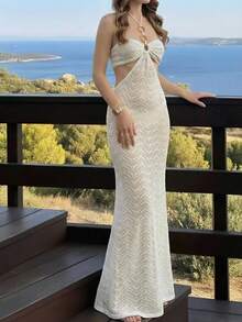 Women's Halter Neck Cutout Mermaid Maxi Dress - Elegant Knit Leaf Pattern Evening Gown For Beach Vacation & Formal Events,Holiday Outfits For Women - Apricot - View 3