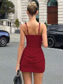 Fashionable Sexy Elegant Short Camisole Mini Bodycon Dress, Summer Pleated Party Dress, Wine Red Lace Backless Cocktail Evening Gown, Women - Burgundy - View 10