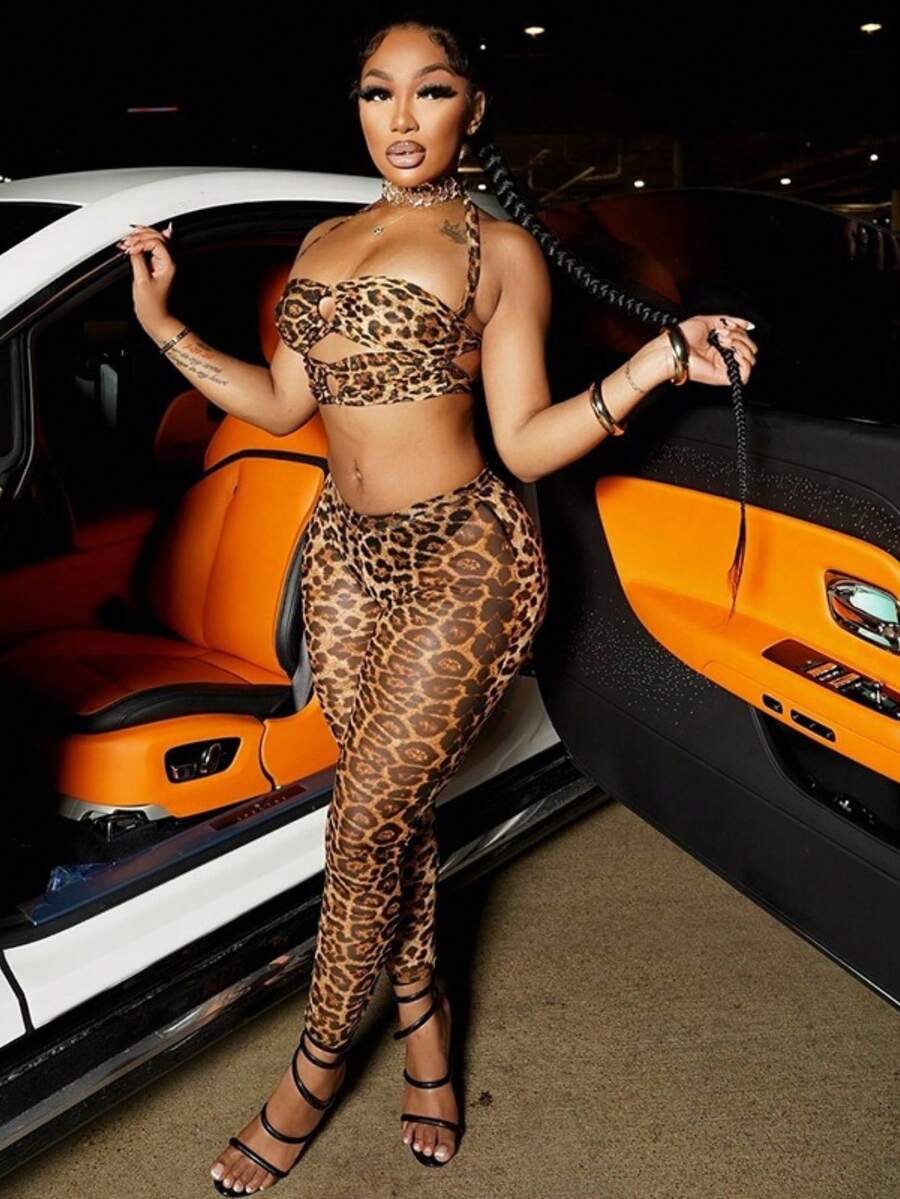 Leopard Print Ensemble Wrap Camisole Trousers Two-Piece - Coffee Brown - View 1