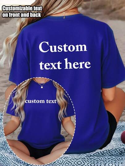 Plus Size Women Short Sleeve T-Shirt - Customizable Front And Back - Add Your Own Text (Color And Font Selectable) Design Your Own Personalized Printed Vest, Ideal For Anniversary, Valentine's Day, Ramadan Gifts Or Any Customized Occasion