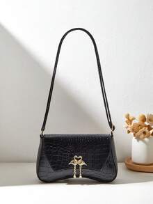1pc Fashion Crocodile Embossed Women's Shoulder Bag With Swan Decor, Dual-Sided Thick & Comfortable Lightweight Handle, Versatile For Outings, Parties, Gatherings - Black - View 4