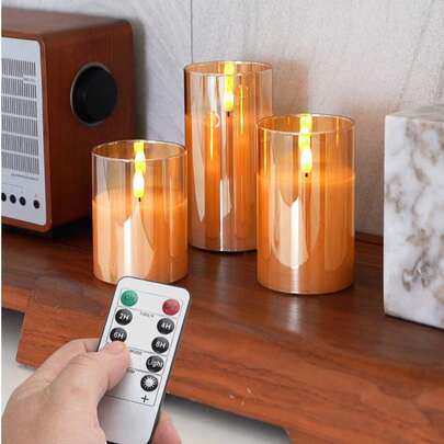 Bộ 3 đèn nến LED không lửa, nến nhấp nháy chân thực, nến ngọn lửa 3D, nến trụ trang trí không mùi, chạy bằng pin (màu xám), thích hợp cho tiệc tùng, Halloween, Giáng sinh, đám cưới, trang trí bàn, chiếu sáng không khí ngày lễ.