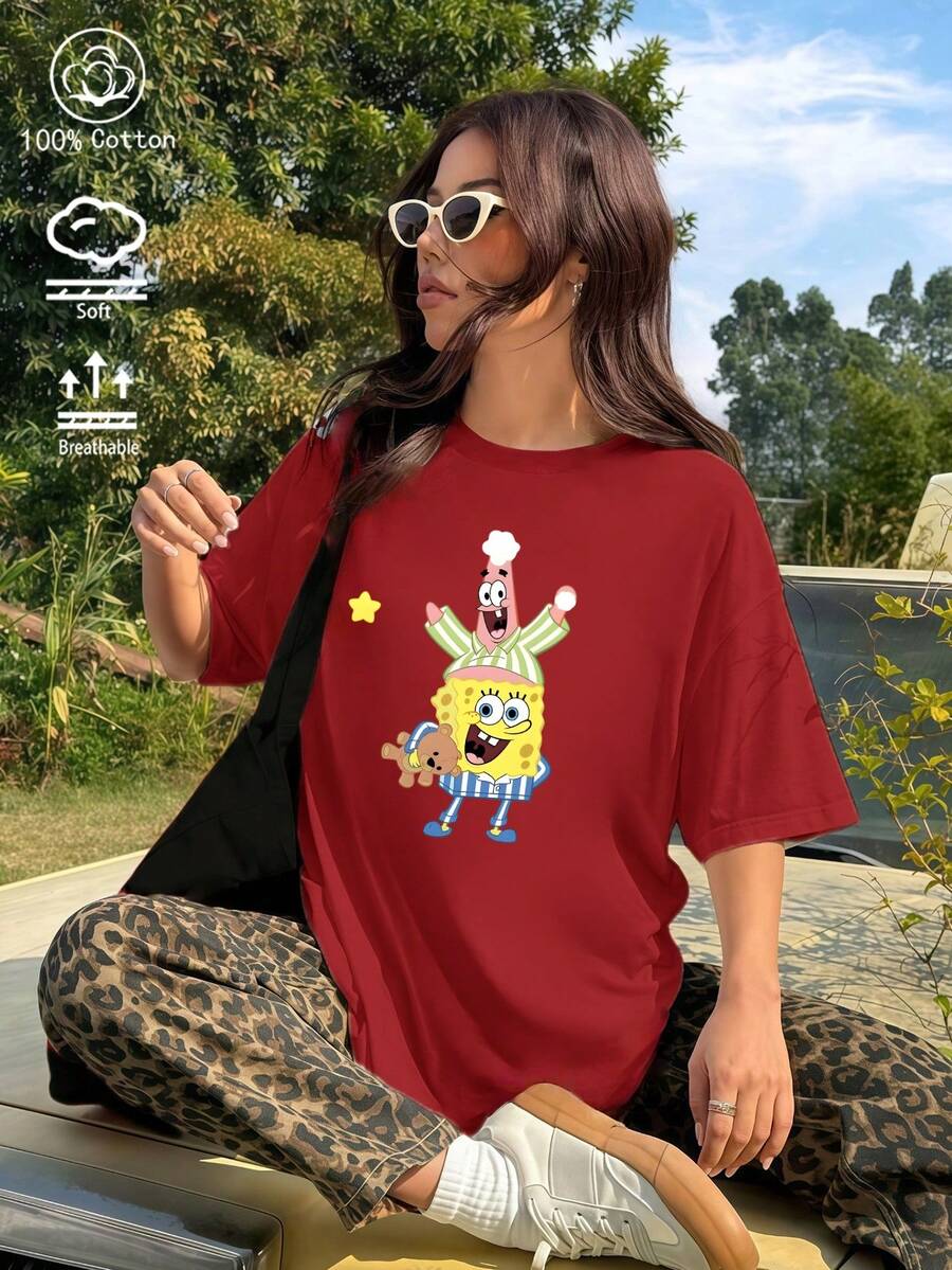 Vielseitiges Damen SpongeBob Muster Loose-Fit Lässig Kurzarm T-Shirt - Rot - Übersicht 1