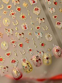 1 Stück Vintage Präge-Schaukelpferd, Stern, Mond, Herz Totem, Rose, Edelstein, Schloss, Hengst Nail Art Aufkleber, 5D mysteriöse elegante Nail Decals, selbstklebende Nail Art Dekorationen für Frauen Nägel Nagelbedarf - Verschiedenfarbig - Übersicht 1