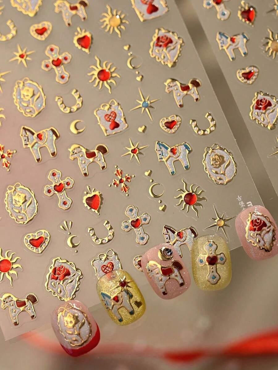 1 Stück Vintage Präge-Schaukelpferd, Stern, Mond, Herz Totem, Rose, Edelstein, Schloss, Hengst Nail Art Aufkleber, 5D mysteriöse elegante Nail Decals, selbstklebende Nail Art Dekorationen für Frauen Nägel Nagelbedarf - Verschiedenfarbig - Übersicht 1