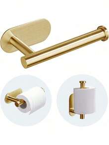 304 Stainless Steel Self-Adhesive Toilet Paper Holder – Rustproof & Waterproof, No-Drilling Installation, Strong Adhesive Holds 2.5kg, Anti-Roll Knob Design, Modern Bathroom Tissue Holder – Wall Mount - Brushed Gold - 查看 9