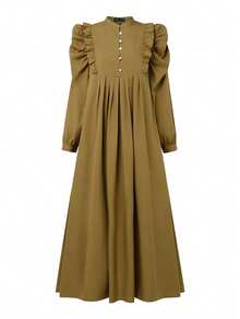 ZANZEA Elegant  Women Stand Neck Lettuce Trim Buttons Long Sleeve Pleated Muslim Dresses Holiday Casual Loose Long Dress - 卡其色 - 查看 4