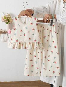 2件套女童夏季无袖V领荷叶边上衣和碎花裤休闲套装 - 杏色 - 查看 1