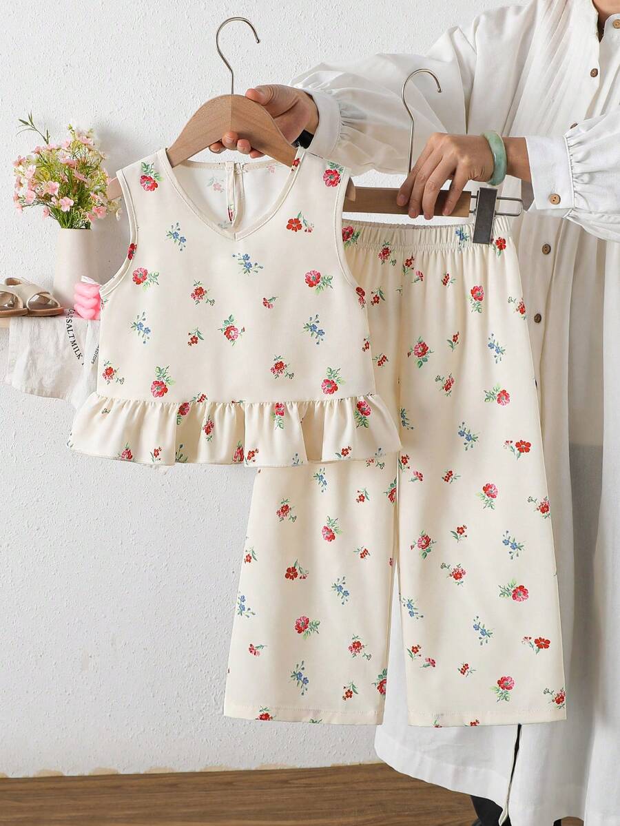 2件套女童夏季无袖V领荷叶边上衣和碎花裤休闲套装 - 杏色 - 查看 1