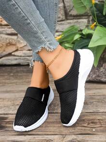 Airy Mesh Slip-On Mule Sneakers – Adjustable Strap Design, Lightweight Cushioned Sole For All-Day Breathable Comfort, Perfect For Casual Daily Errands & Relaxed Outfits - 黑色 - 查看 1