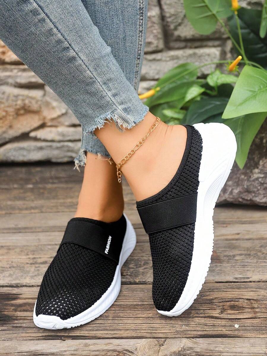 Airy Mesh Slip-On Mule Sneakers – Adjustable Strap Design, Lightweight Cushioned Sole For All-Day Breathable Comfort, Perfect For Casual Daily Errands & Relaxed Outfits - 黑色 - 查看 1