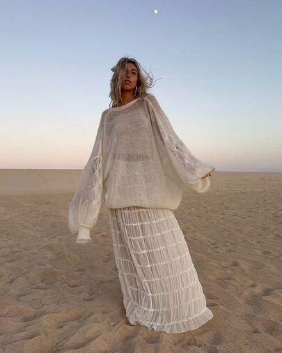 VIBEWAVE 法式复古镂空针织衫，女士宽松休闲套头衫，春秋季