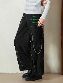 Jeans cargo de mujer, pantalones casuales sueltos con cierre de botón y cremallera a rayas, con bolsillos, estilo urbano - Negro y verde - Ver 5