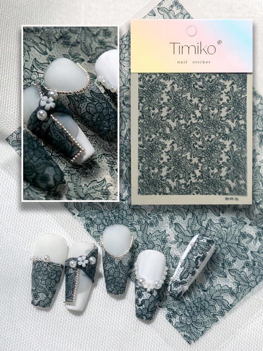 1pc Elegant Vintage Lace Texture Nail Art Sticker, Featuring Delicate Lace Floral Pattern That Perfectly Captures The Vintage Lace Fabric Texture, Intricate Design With Layered Softness, Suitable For Personal DIY And Nail Decoration. - Black - View 1