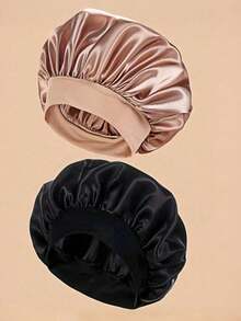 2pcs/1pc Silk Sleep Cap, Satin Hair Cap, Women Wide Brim High Elasticity Cap, Satin Sleep Cap, High-End Satin Hair Care Cap, Curly Hair Silk Headband (Black And Gold) Hair Sleep Cap - Multicolor - View 3