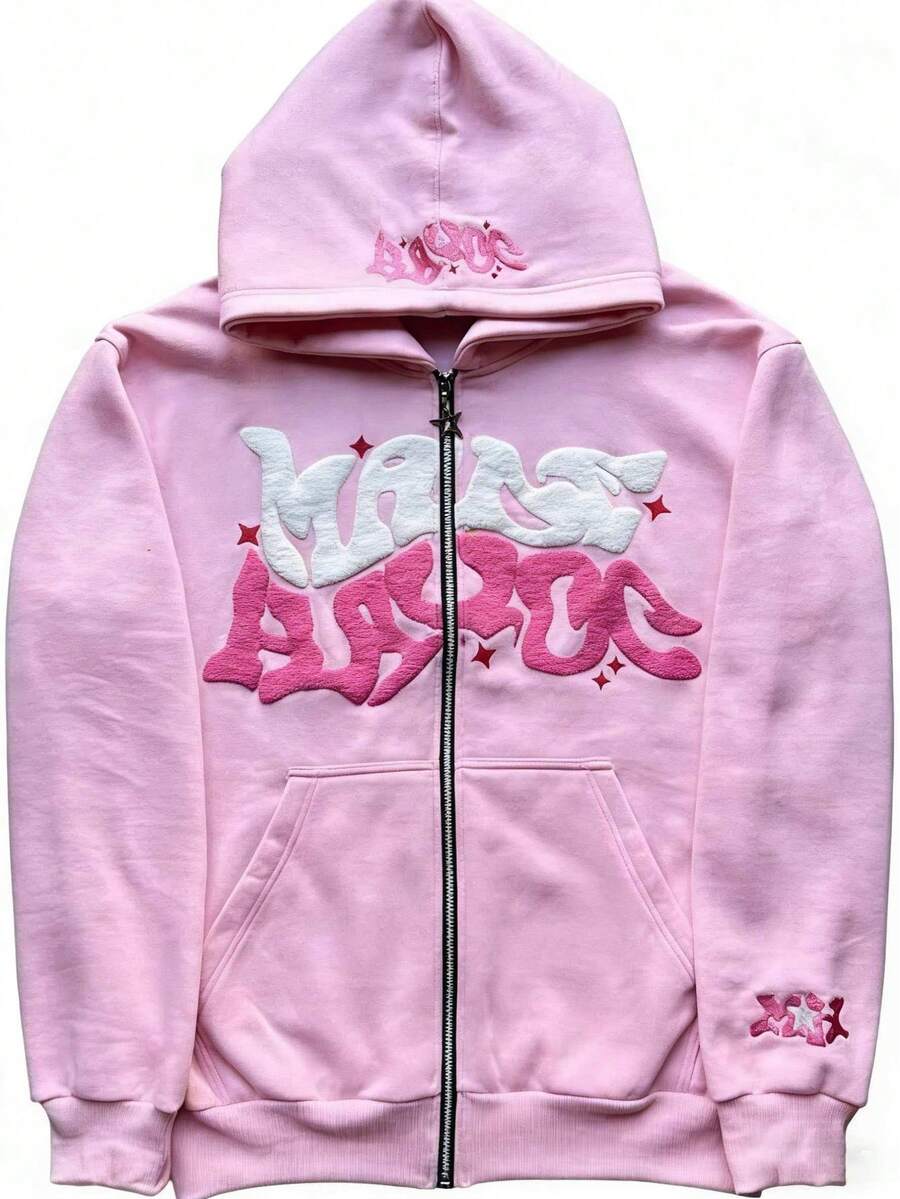 Y2K Retro Star And Letter Printed Zipper Hoodies,Spring Autumn Harajuku Y2K Women And Men Fashion Hip Hop Long Sleeve Hooded ,Avant-Garde - Street Casual Spring/Fall Loose Zipper Pocket Patched,Autumn And Winter Gothic Coat - 粉色 - 查看 1