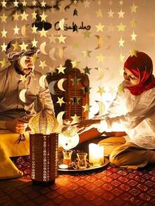 4pcs-Star & Moon Banner Flag Set, Ramadan Pendant, Gold Moon & Star Wreath, Ramadan Mubarak Decorations, Shiny Little Stars, Moon Theme Birthday Party Decor, Graduation Ceremony Decor, Starry Sky New Year Banner, Hanging Stars, Baby Shower, Eid Decoration, Bedroom Wall Sticker And Living Room Beautification - Gold - View 2