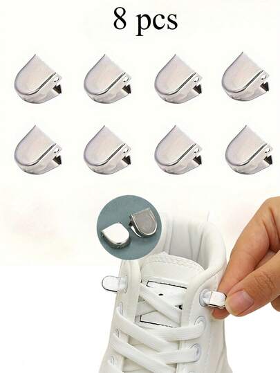 8-delat set med knytfria skosnörena i metall - Fästs enkelt med ett klick, perfekt för lata sportskohållare.
