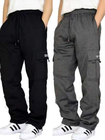 2 Pieces Men's Cargo Sweatpants Casual Fleece Joggers Loose Fit Open Bottom Athletic Pants With Pockets Machine Washable 100% Polyester Soft Stretch Fabric, Cargo Joggers