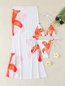 橙色百合印花三件套比基尼：挂脖泳衣、雪纺长裙、浪漫沙滩装 - 彩色 - 查看 1