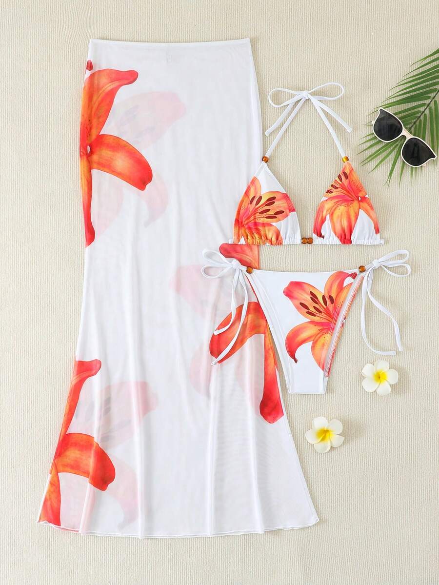 橙色百合印花三件套比基尼：挂脖泳衣、雪纺长裙、浪漫沙滩装 - 彩色 - 查看 1