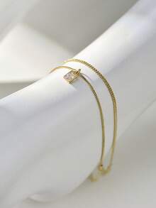 2pcs Geometric Rectangle Pendant Anklet Set With Copper Inlaid Cubic Zirconia, Layered Gold Chain, Suitable For Casual Daily Wear - Yellow Gold - View 4